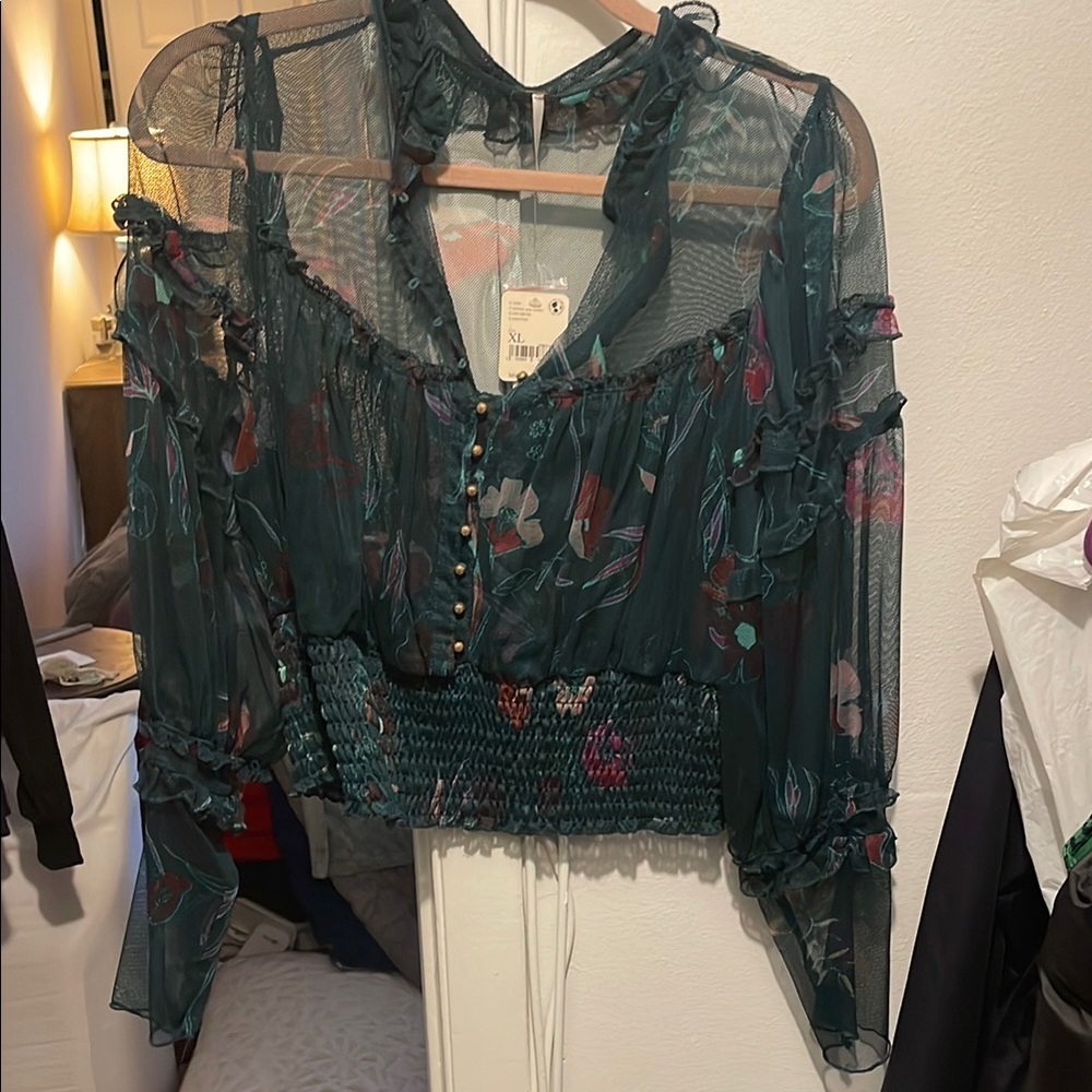 Free People Sheer Green Blouse